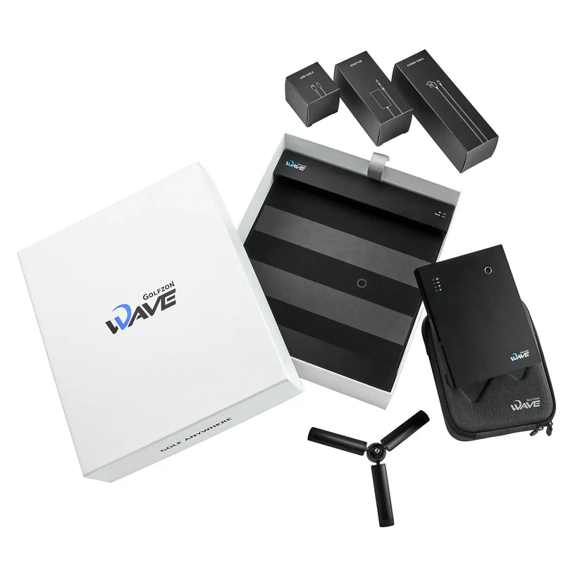Golfzon WAVE box contents showing included accessories and components