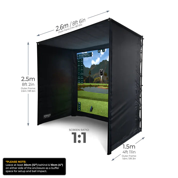 SimSpace SIM 1 golf simulator enclosure room dimensions for compact spaces