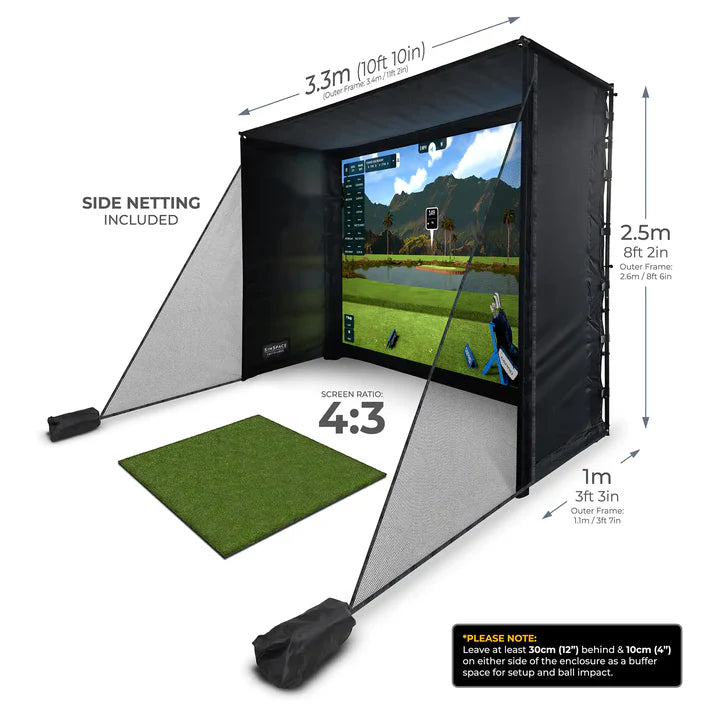 SimSpace golf simulator enclosure range of sizes with room dimension requirements