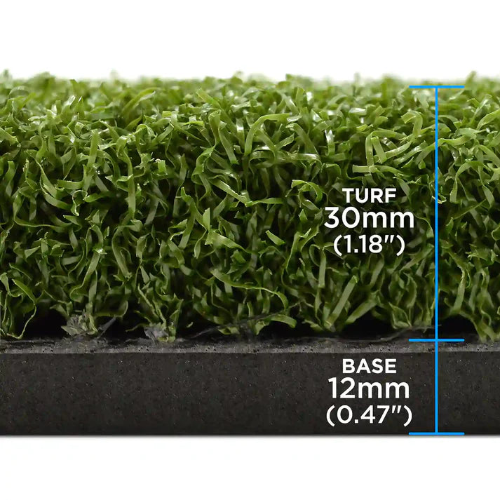 Premium tee turf golf hitting mat side profile showing turf thickness and build quality
