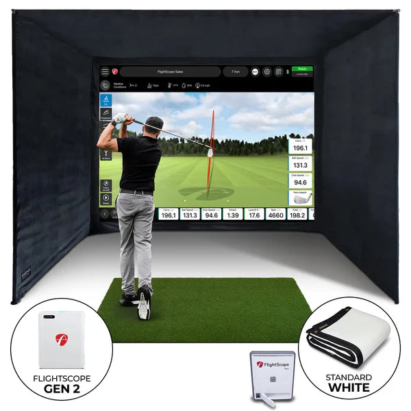 SimSpace golf simulator enclosure with FlightScope Mevo Gen2 launch monitor and hitting mat setup