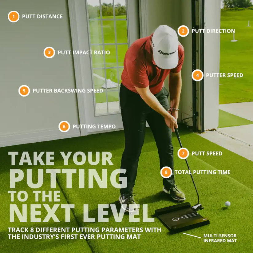 Golfer practising putting on a home golf simulator with Golfzon WAVE tracking