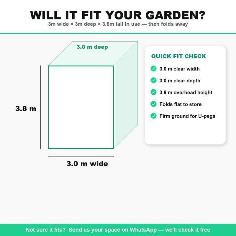 Concertina golf cage dimensions — 3m wide x 3m deep x 3.8m tall, will it fit your garden
