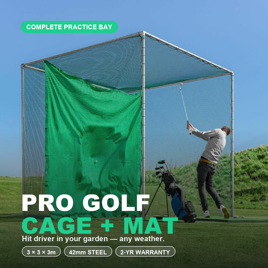 Pro Golf Cage & Hitting Mat Bundle — complete home practice bay