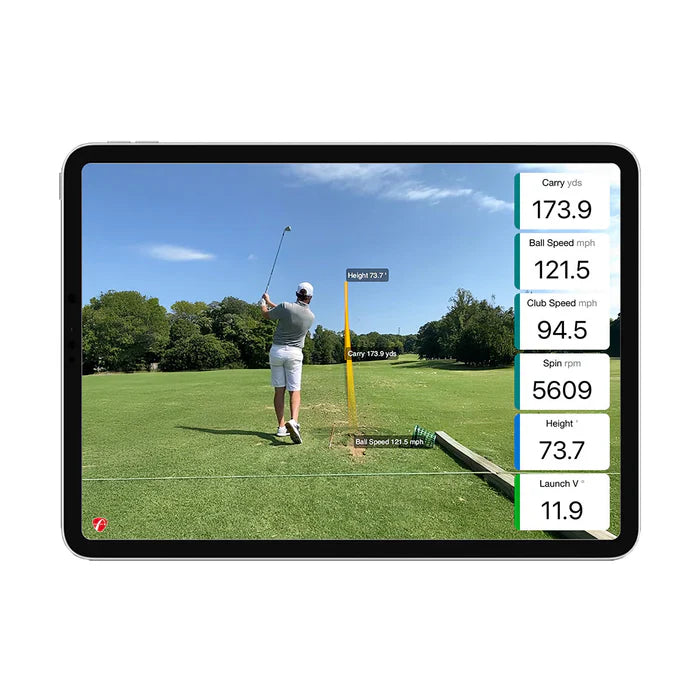 FlightScope Mevo Gen 2 ball flight tracer showing launch data including ball speed and carry distance