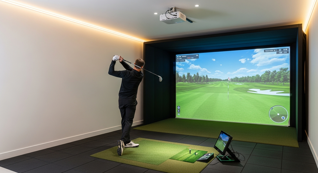 Premium home golf simulator setup in a modern UK garage with projected golf course on impact screen