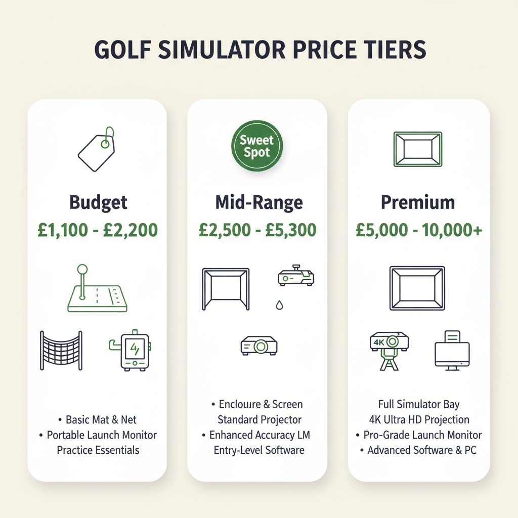Golf simulator price tier comparison infographic showing Budget (£1,100-£2,200), Mid-Range (£2,500-£5,300) and Premium (£5,000-£10,000+) setups
