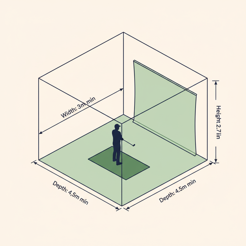 Isometric room dimension diagram showing minimum golf simulator room size: 3m wide, 4.5m deep, 2.7m high