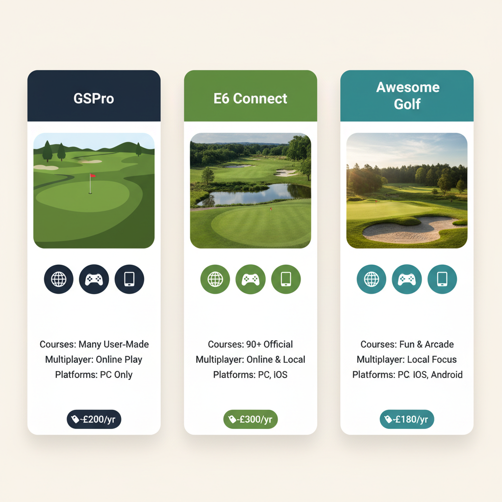 Golf simulator software comparison infographic showing GSPro, E6 Connect and Awesome Golf side by side with pricing and features