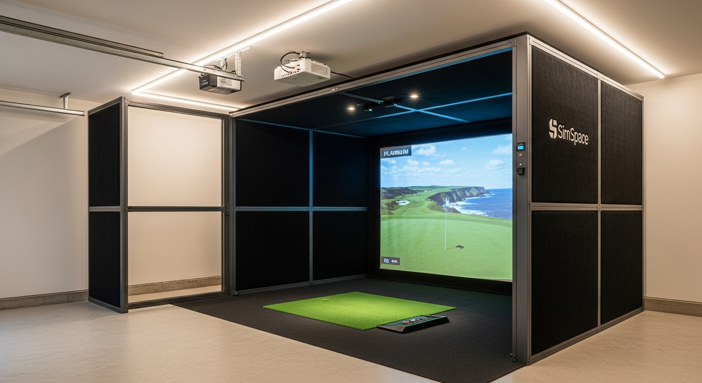 Professional golf simulator enclosure with aluminium frame, taut impact screen showing projected course, side barriers and foam pelmet in UK garage