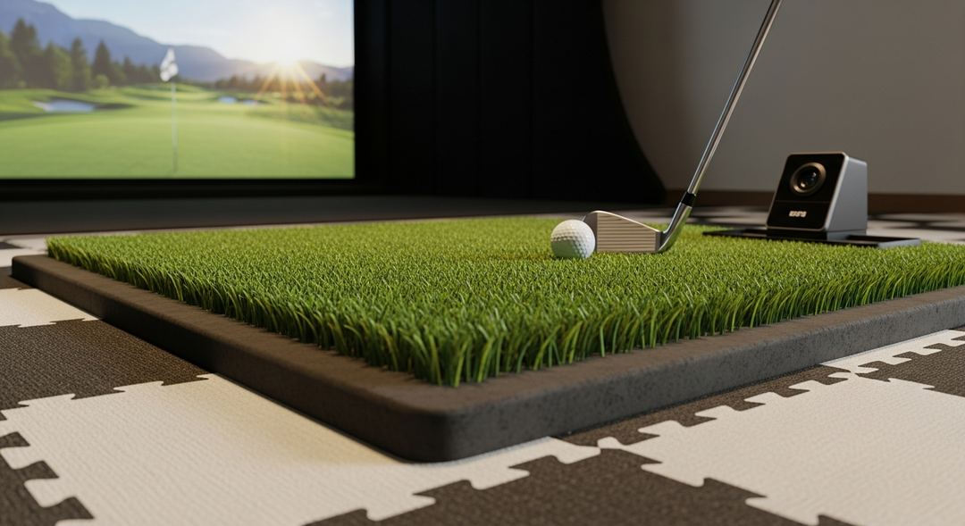 Premium golf hitting mat with realistic turf on rubber floor tiles in UK garage simulator setup with ball at address and launch monitor