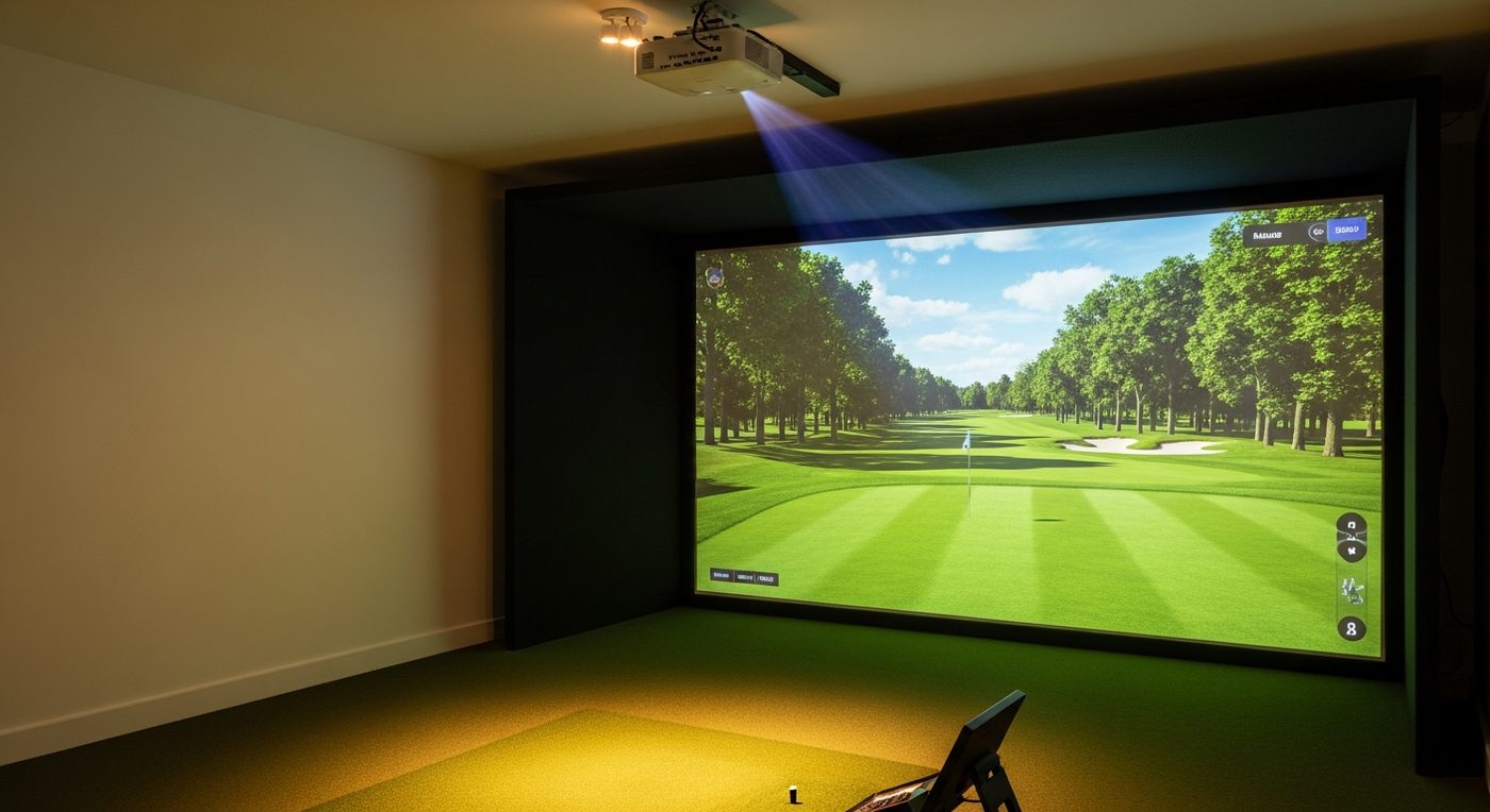 Ceiling-mounted short-throw projector casting vivid golf course image onto impact screen in UK garage simulator setup
