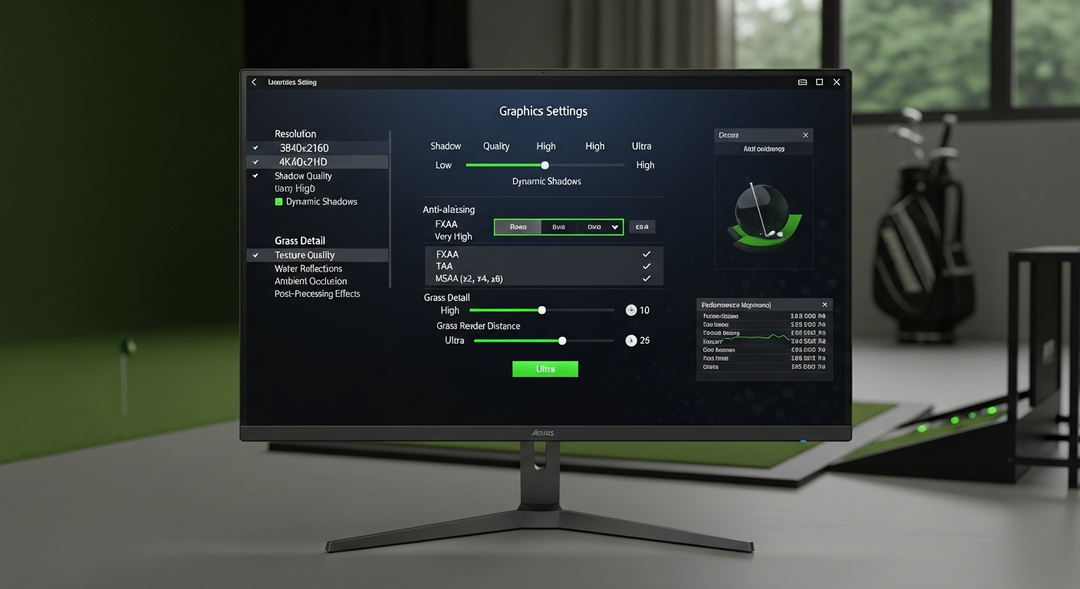 Computer monitor showing golf simulator graphics settings menu with quality sliders beside simulator setup