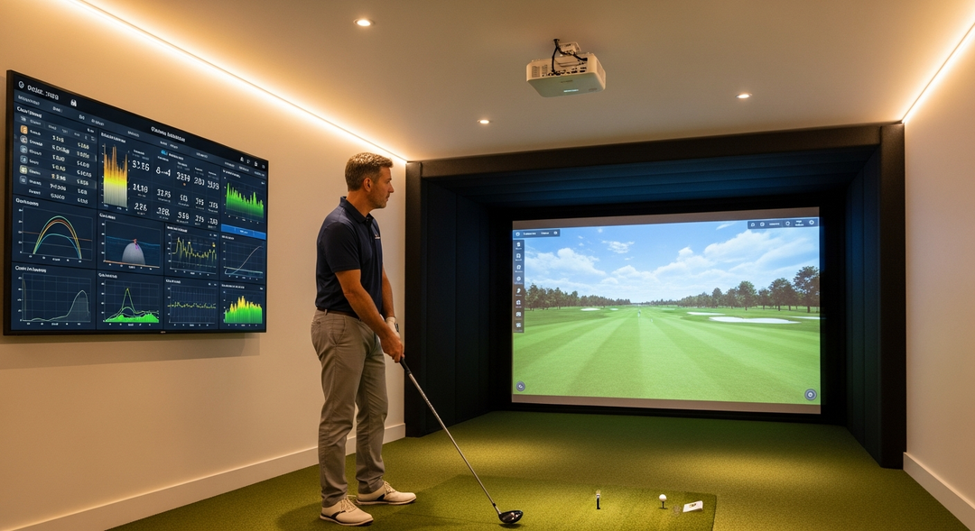 Golfer analysing shot data on screen beside home golf simulator with metrics and charts displayed