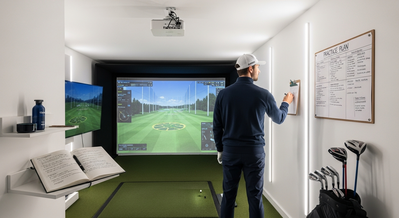 Golfer at home simulator looking at practice plan clipboard mounted on wall beside driving range display