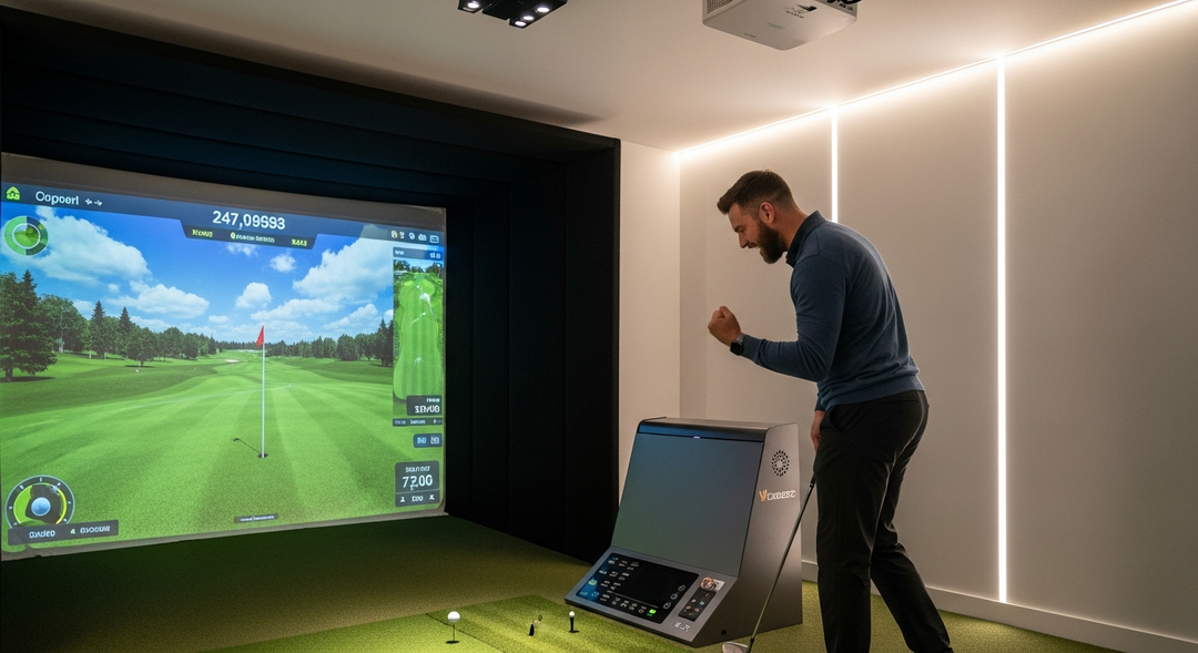 Golfer celebrating accurate shot on home golf simulator with ball landing close to pin on screen