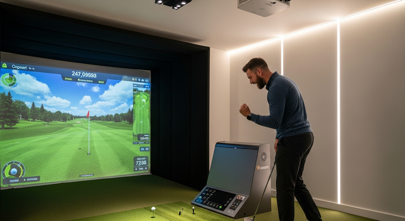 Golfer celebrating accurate shot on home golf simulator with ball landing close to pin on screen