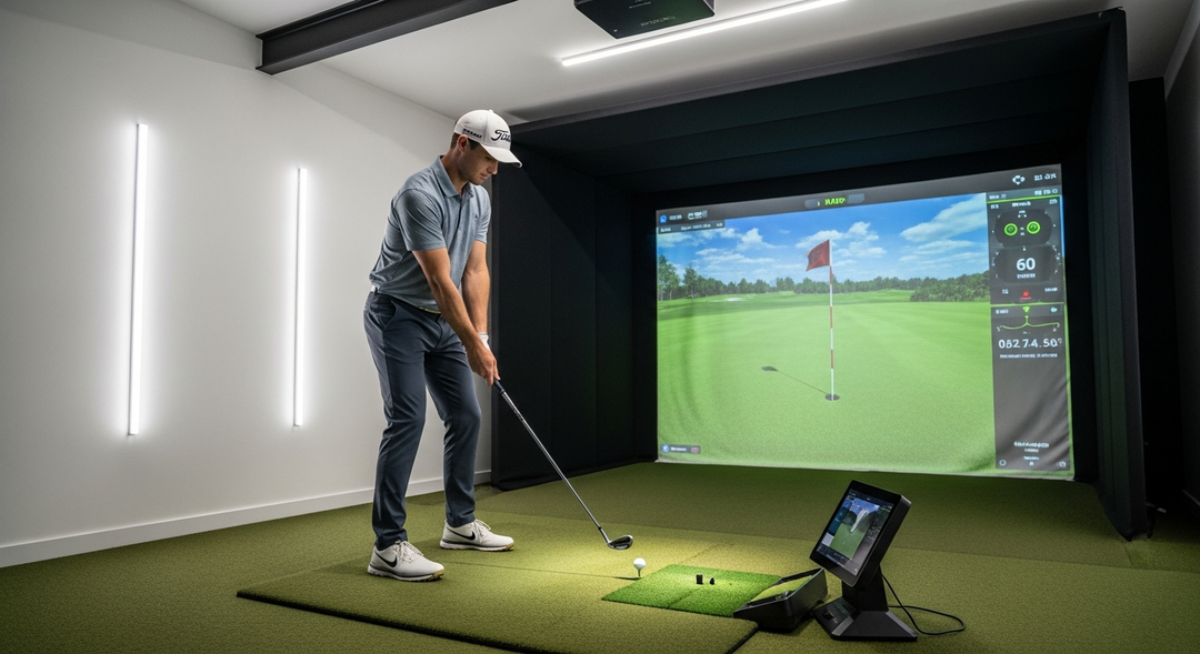 Golfer practising controlled pitch shot on home golf simulator with wedge and launch monitor