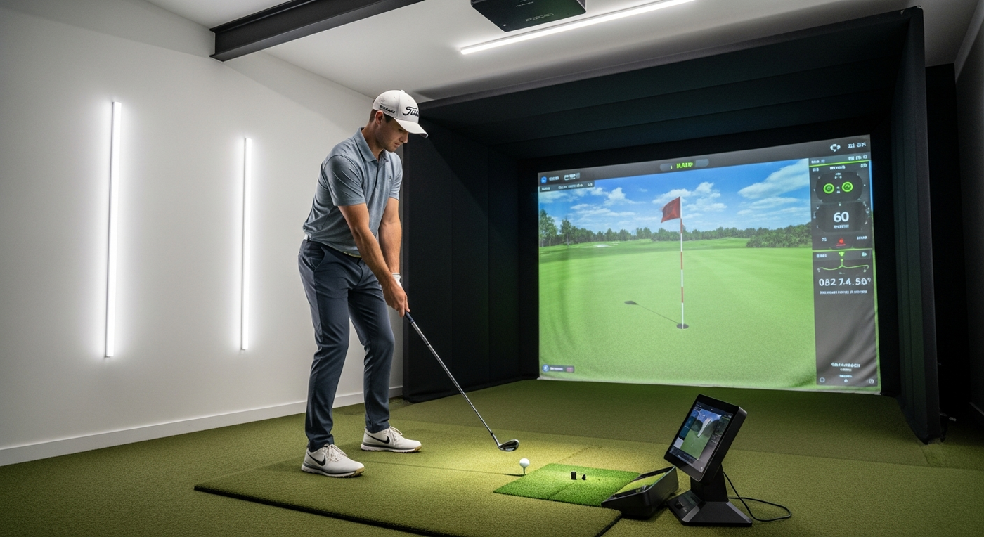 Golfer practising controlled pitch shot on home golf simulator with wedge and launch monitor