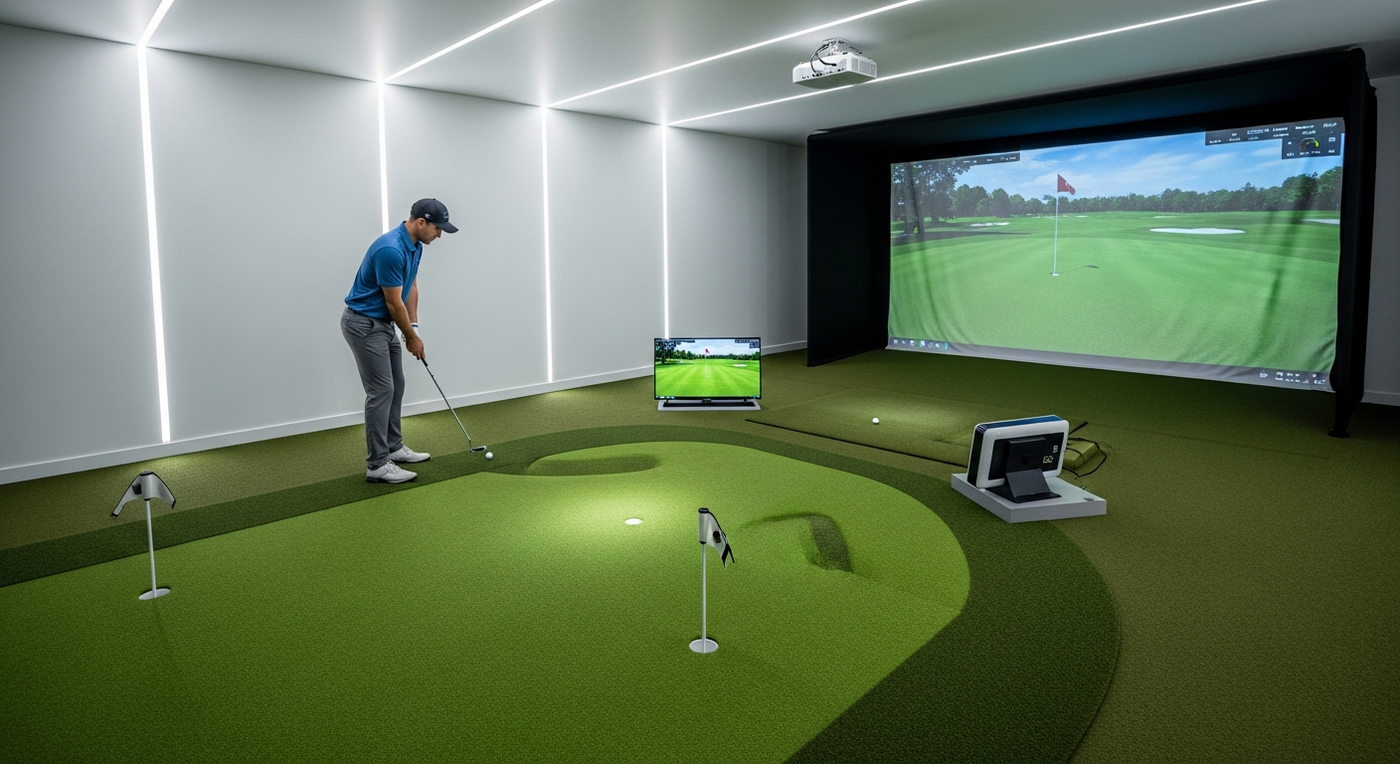 Golfer practising putting on indoor putting mat beside home golf simulator in UK garage