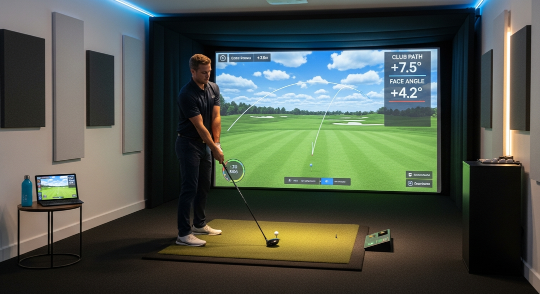 Golfer studying slice data on golf simulator screen showing ball flight curving right with shot metrics