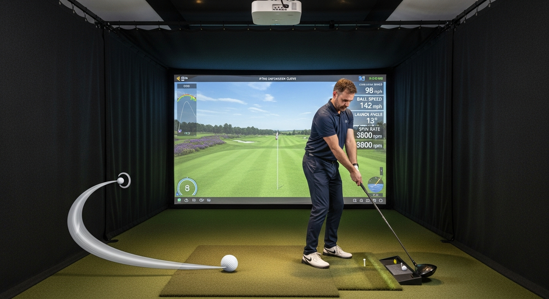 Golfer watching severe hook shot on golf simulator screen with ball flight curving dramatically left