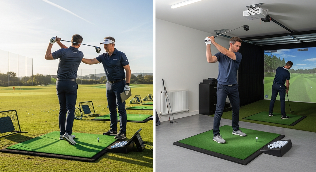 Split image comparing golf lesson with pro on driving range and solo practice on home simulator