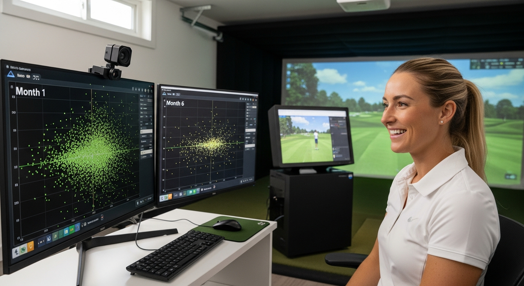 Golfer viewing before and after dispersion comparison on simulator monitor showing improvement