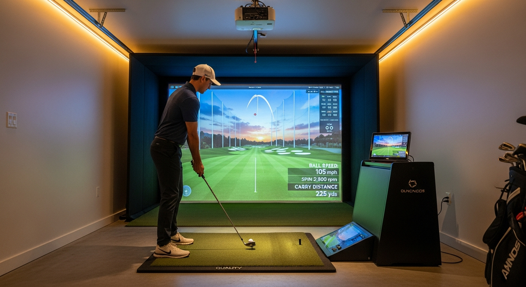 Focused golfer practising on home golf simulator with shot data overlays on driving range display