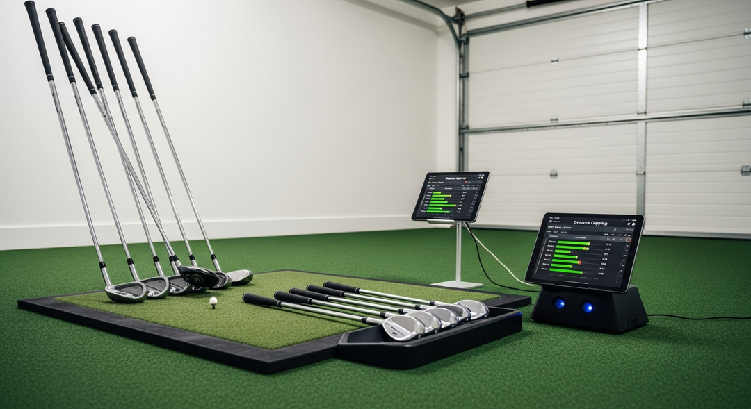 Multiple golf clubs on hitting mat beside launch monitor and tablet showing distance gapping data
