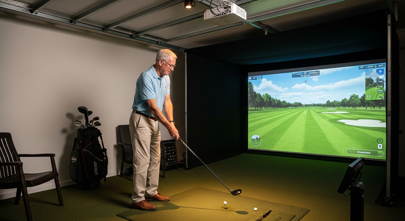 Senior gentleman enjoying a relaxed golf simulator session in UK garage with full enclosure