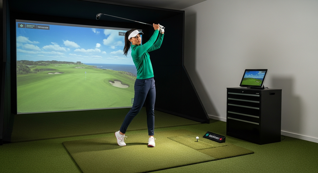 Woman golfer confidently hitting a shot on home golf simulator in modern UK garage setup