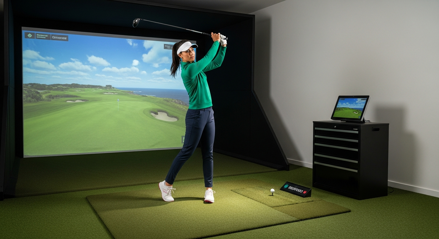 Woman golfer confidently hitting a shot on home golf simulator in modern UK garage setup