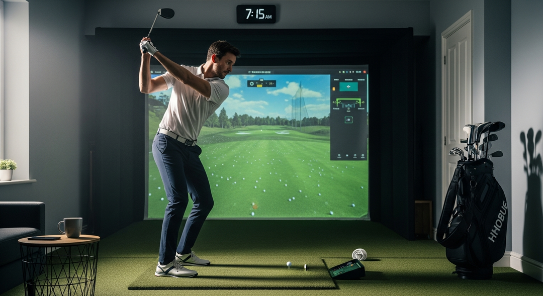 Golfer doing quick warm-up on home simulator early morning before heading to golf course