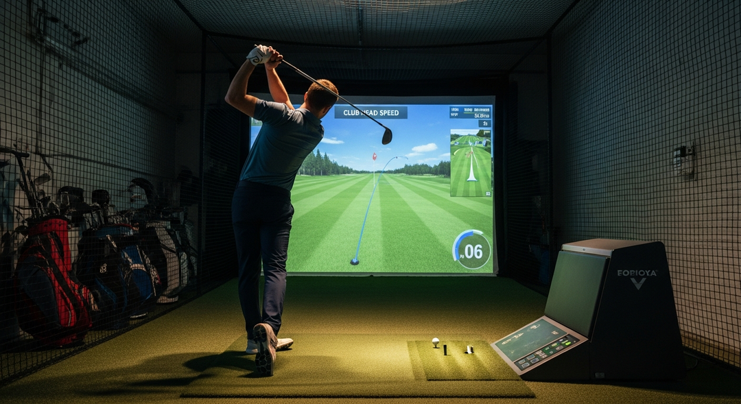 Golfer in powerful follow-through on simulator with high club head speed reading on shot data overlay