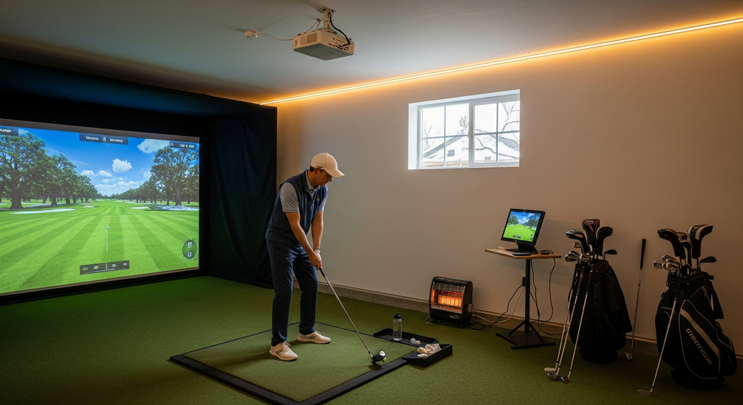 Golfer practising on simulator while snow visible through garage window contrasting with sunny course on screen
