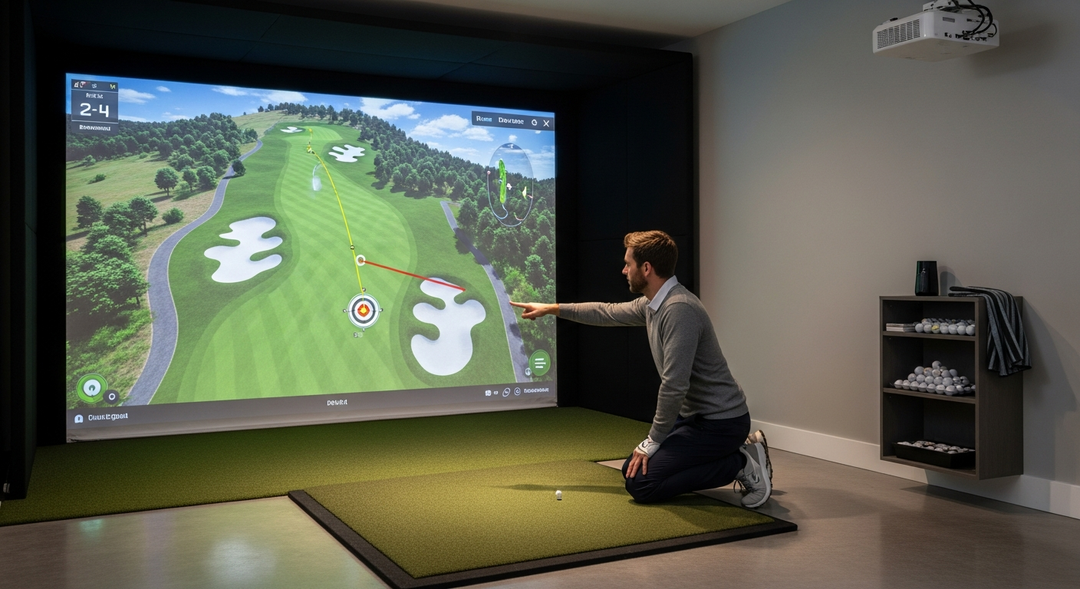 Golfer studying virtual golf course layout on simulator screen planning strategy for a par 4 hole