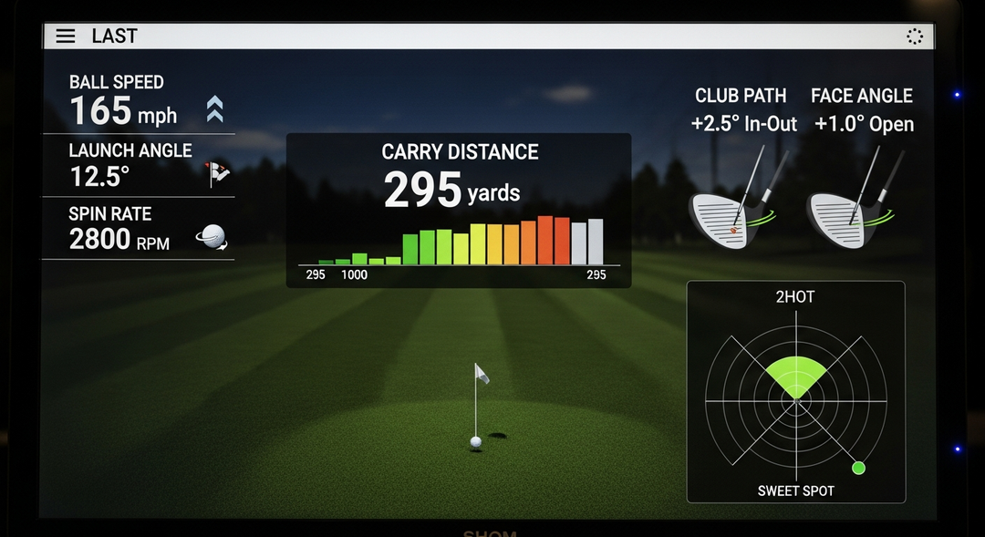 Close-up of golf simulator monitor showing detailed shot data metrics with charts and numbers