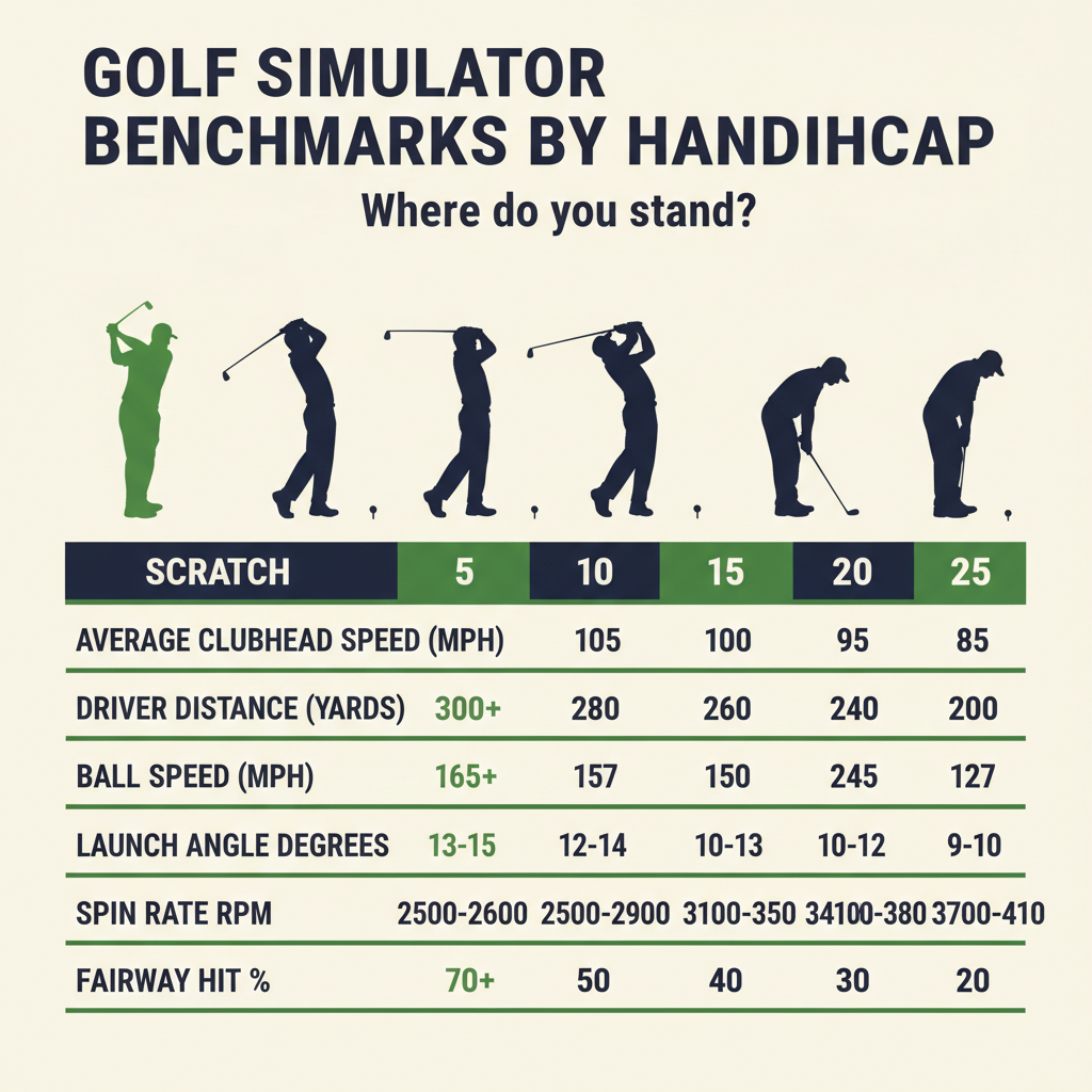 Golf simulator benchmarks by handicap infographic header with comparison table columns