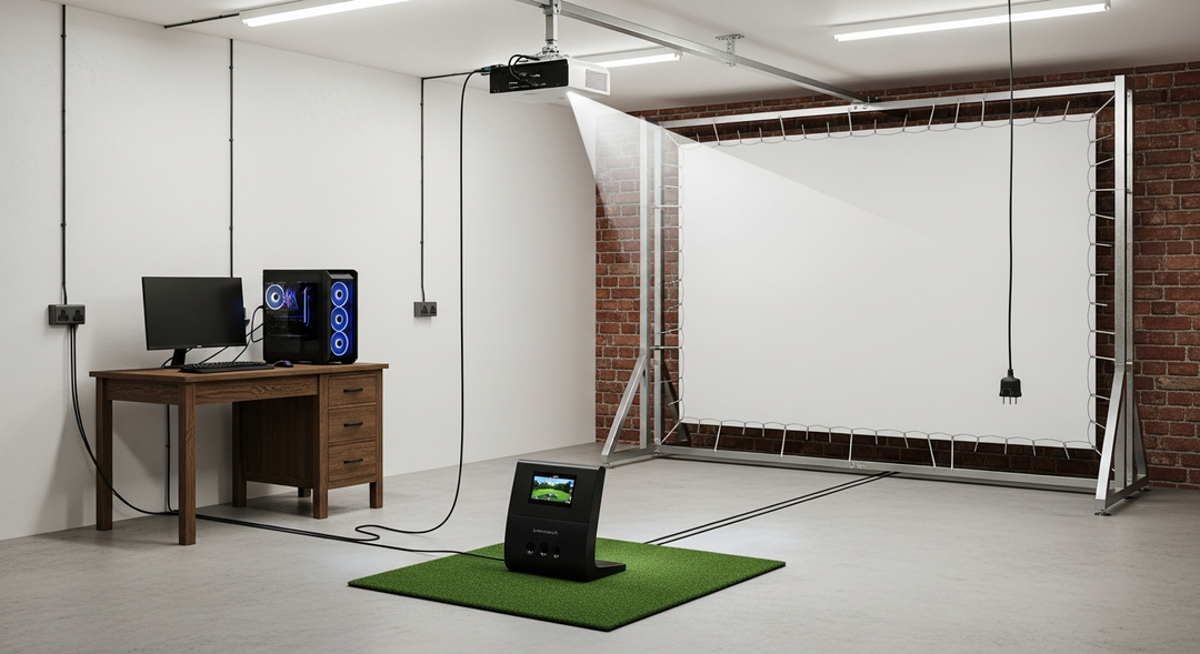 Exploded view of complete golf simulator system showing launch monitor, projector, PC, screen and connections