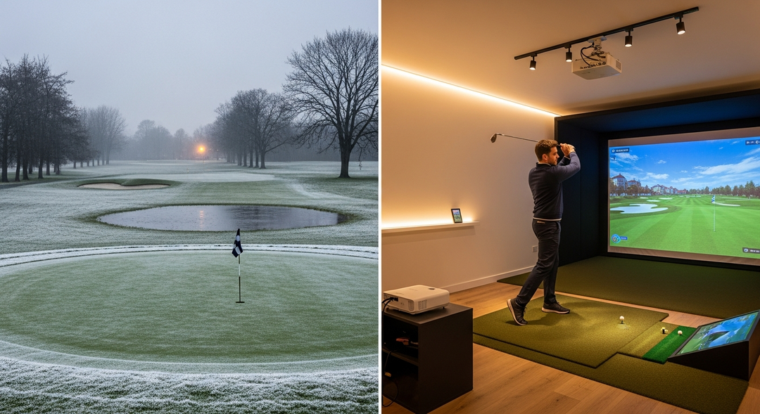 Split image contrasting cold rainy UK winter golf course with warm well-lit home golf simulator setup