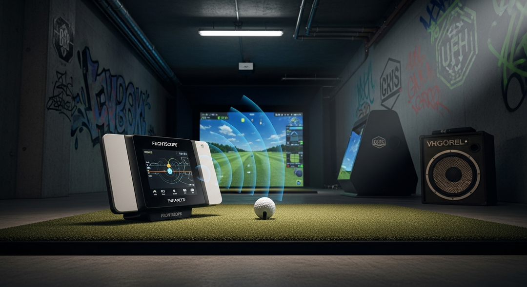 Radar-based golf launch monitor positioned behind golf ball on hitting mat with radar wave overlay