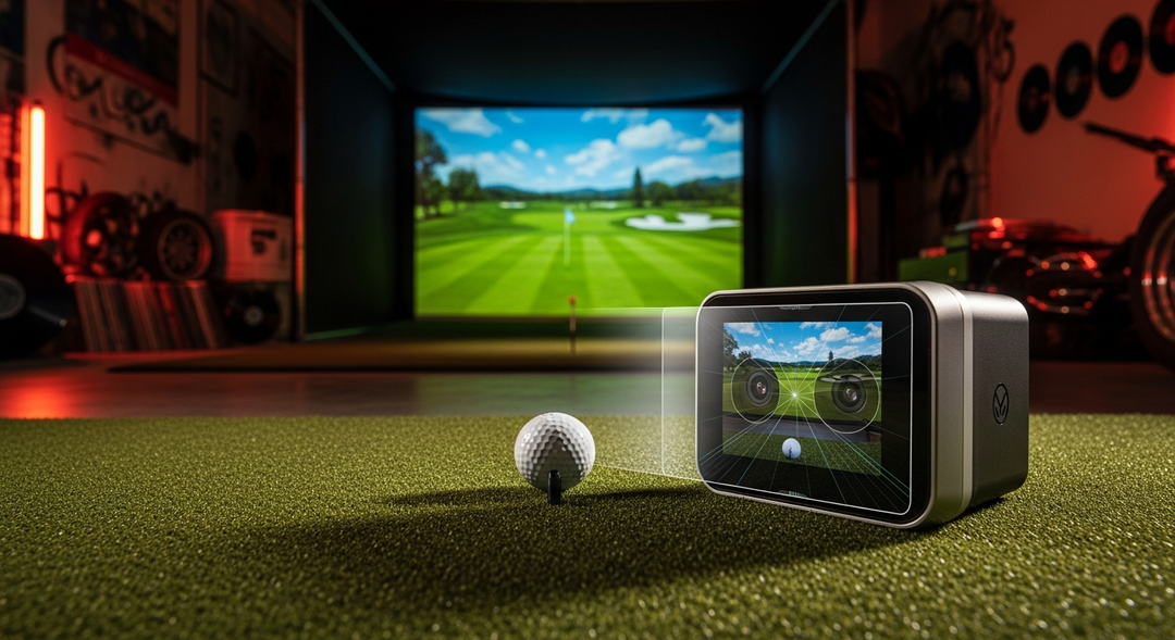 Camera-based golf launch monitor on hitting mat with visible camera lenses capturing ball at impact
