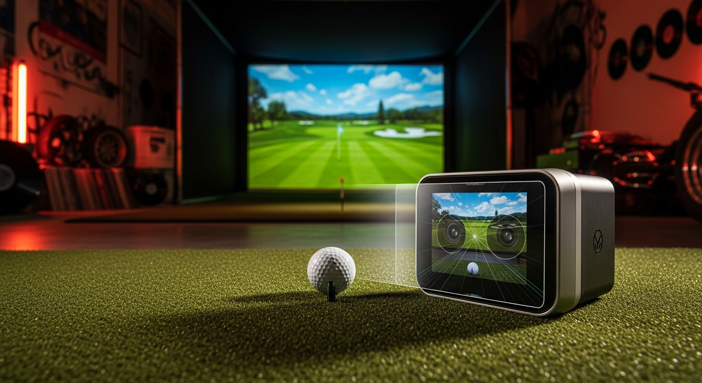 Camera-based golf launch monitor on hitting mat with visible camera lenses capturing ball at impact