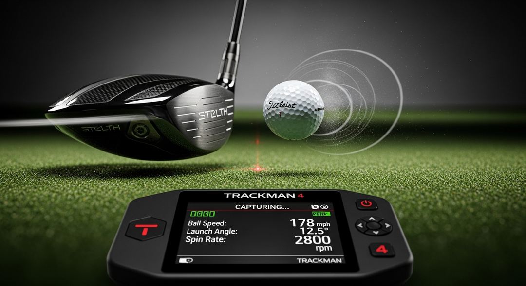 High-speed freeze frame of golf ball just after impact showing deformation and spin with launch monitor