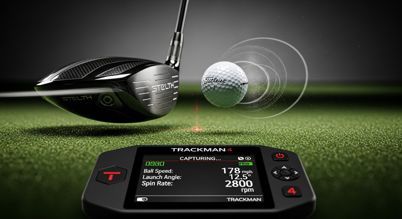 High-speed freeze frame of golf ball just after impact showing deformation and spin with launch monitor