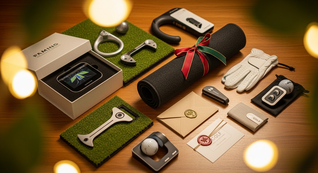 Curated collection of golf gifts including putting mat, launch monitor, training aids and gift card on warm wooden surface