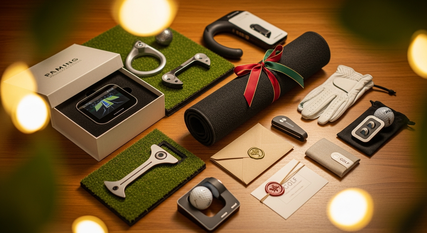 Curated collection of golf gifts including putting mat, launch monitor, training aids and gift card on warm wooden surface