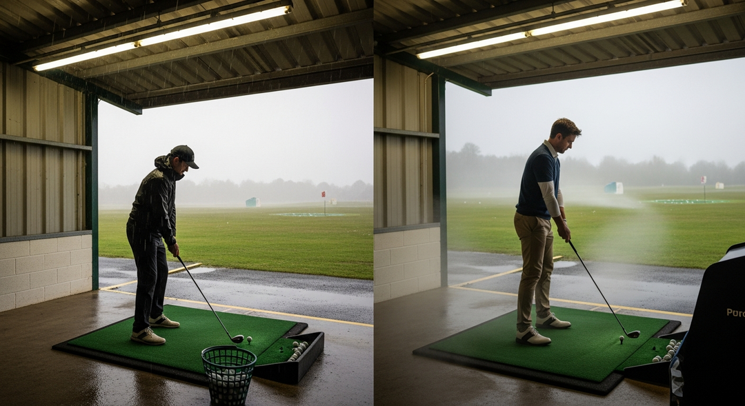 Split image comparing cold wet UK driving range with warm modern home golf simulator setup