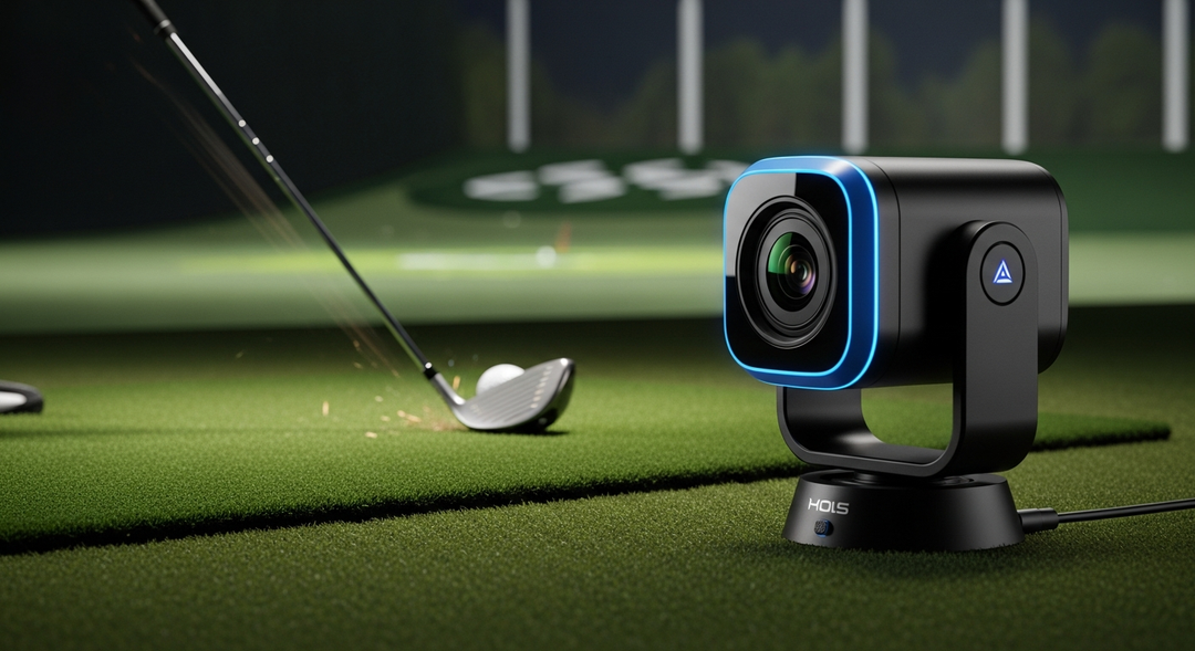 Close-up of premium launch monitor camera capturing golf ball at moment of impact with high-speed photography